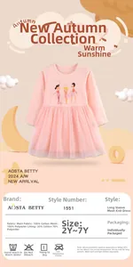 Pink girl's dress detail with ballerina prints and knit cotton mesh fabric composition