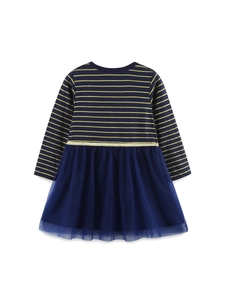 Marineblaues gestreiftes Mädchenkleid mit goldenem Glitzerbund und Tüll-Rockschicht