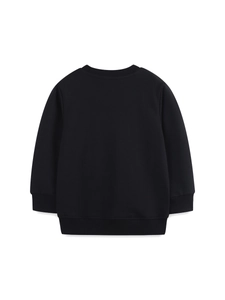 Back view of black long sleeve kids sweatshirt with ribbed cuffs and drop shoulder