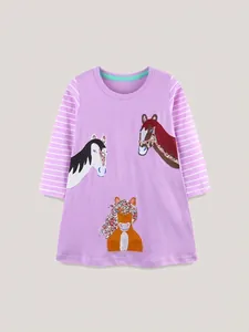 Robe Longue en 100% Coton Style Européen pour Fille Broderie de Cheval Mignonne Manches Rayées Mauves Robe de Princesse Enfant