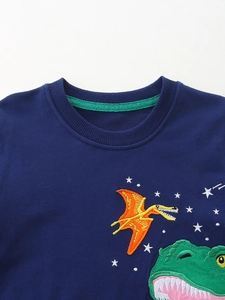 Kids navy blue crewneck sweatshirt with high-quality green dinosaur embroidery and stars