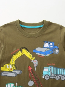 Olive green long sleeve cotton t-shirt for boys with colorful construction vehicle prints