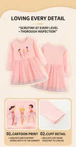 Detail of pink girls' dress showing tutu tulle skirt and ballet girl cartoon pattern