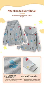 Close-up of boys' grey hooded jacket featuring colorful cartoon animal prints and ribbed cuffs