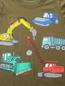 Olive green boys long sleeve T-shirt featuring colorful cartoon construction vehicle prints