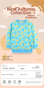 Detail of blue long-sleeve cotton sweatshirt with daisy prints and ribbed cuffs for girls