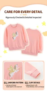 Détails d'un sweat rose pour fille avec broderie licorne et finitions en côtes élastiques