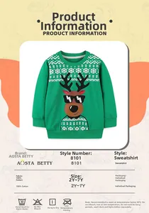 Detail of green cotton sweatshirt showing Christmas reindeer print and size chart for ages 2Y to 7Y