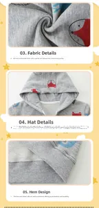 Detailed views of cotton knit fabric, fox prints, and ribbed hem on a grey child hoodie