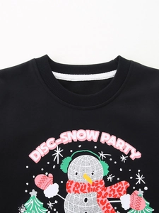Kids black Christmas snowman sweatshirt with ribbed crew neck and snow party graphic
