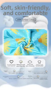 Close-up of combed cotton fabric featuring yellow flower prints on a blue background