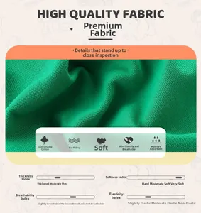 Detail of soft green knit cotton fabric with visible texture and breathability icons