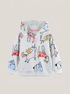 Veste Sweat à Capuche Décontractée pour Filles en Mélange de Coton Imprimé Licorne Manches Longues Automne avec Fermeture Éclair