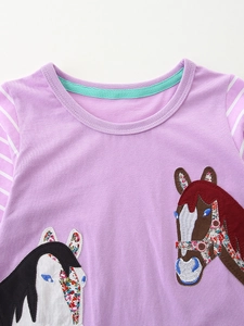 Robe en maille violette à manches longues pour fille avec broderie de cheval