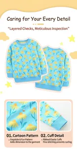 Detailed views of floral and bee prints on kids cotton sweatshirt with ribbed cuffs