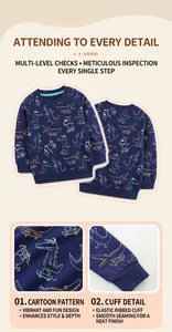 Close-up of navy blue kids sweatshirt showing ribbed cuffs and cartoon crocodile print