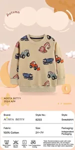Detail of 100% cotton kids sweatshirt featuring colorful construction vehicle prints