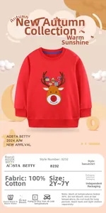 Detail of red cotton kids sweatshirt showing reindeer embroidery and size chart