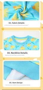 Detail of soft blue cotton fabric with daisy prints and elastic ribbed crewneck collar