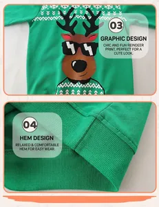 Close-up of reindeer print and ribbed hem on a vibrant green cotton toddler sweatshirt