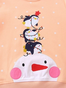 Christmas toddler sweatshirt in orange with polka dots and penguin snowman embroidery