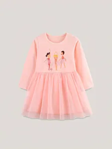 Girl Long Sleeve Dress Ballet Girl Print Cotton Knit Mesh Tutu Princess Dress Pink Autumn Kids Clothing