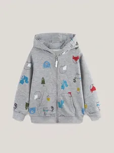 Boys Autumn Hooded Zipper Jacket Knitted Cotton Blend Cartoon Animal Print Sweatshirt European Style Kids Outerwear Grey
