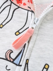 Veste à capuche fille en gris avec motif d'animaux de dessin animé et détails rose zip