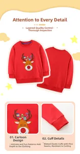 Detail of red Christmas sweatshirt featuring reindeer print and elastic ribbed cuffs