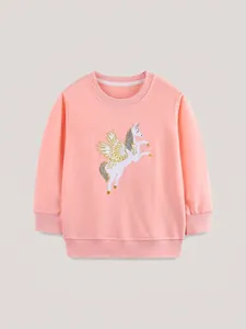 Sweat-shirt en Coton pour Filles Licorne Brodée Manches Longues Col Rond Pullover Style Occidental Sportswear Automne Rose