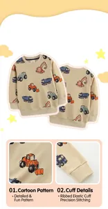 Detail of cotton toddler sweatshirt featuring colorful cartoon excavator prints and ribbed cuffs