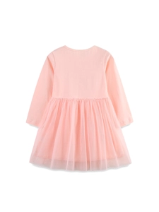 Girls long sleeve pink princess dress with cotton knit top and layered mesh tulle skirt