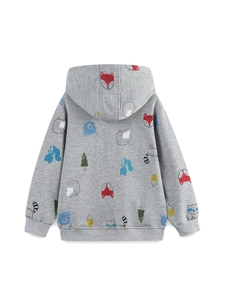 Grey hooded boys' jacket with cute forest animal prints like foxes and bears on the back