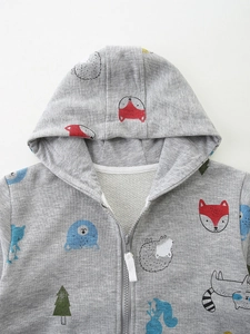 Boys gray hooded zip-up sweatshirt with cartoon animal prints made of soft knit cotton