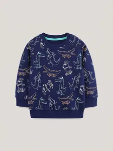 Boys Cartoon Alligator Print Sweatshirt 100 Percent Cotton Long Sleeve Casual Pullover Top For Toddler Kids Round Neck Fall