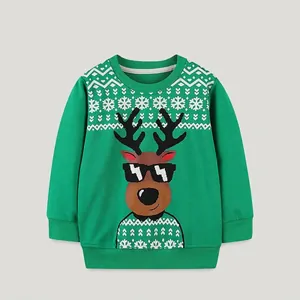 Western Style Kids Christmas Reindeer Print Sweatshirt Boys Long Sleeve Cotton Pullover Winter Holiday Green Festive Top