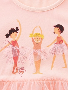 Pink long sleeve girls princess dress with ballet dancer illustration and mesh skirt