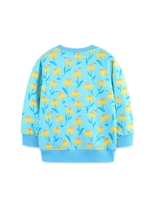 Blue cotton long sleeve girls sweatshirt with yellow daisies and small honeybees pattern