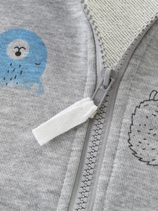 Gray zip-up hooded sweatshirt for boys with cartoon print and soft terry lining