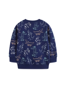 Deep blue long-sleeved kids sweatshirt with cartoon skateboard crocodile print back view