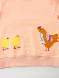 Girl's autumn cotton sweatshirt in orange pink with cute chicken embroidery detail