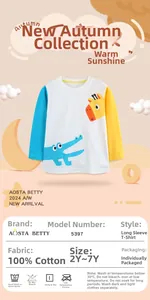 Detail of 100% cotton long sleeve kids t-shirt with giraffe and crocodile cartoon print