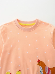 Pink polka dot long sleeve cotton sweatshirt with embroidered chicken detail for girls
