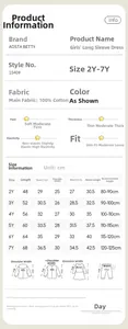 Size chart for girls long sleeve Christmas dress with measurements and washing care guide