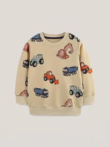 Boys Cotton Crew Neck Sweatshirt Cartoon Construction Vehicle Print Long Sleeve Pullover Tops Fall Casual Kids Clothing
