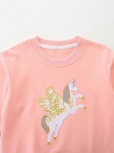 Sweat rose pour fille avec broderie licorne manches longues et col rond en coton doux
