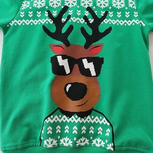 Green Christmas boy's sweatshirt with cool reindeer print and white snowflake patterns