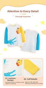Detail of cartoon animal print and elastic cuffs on a long-sleeved kids' T-shirt