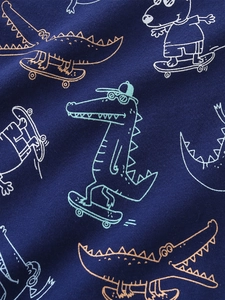 Navy blue kids cotton sweatshirt with cartoon crocodile and dog skateboarding print