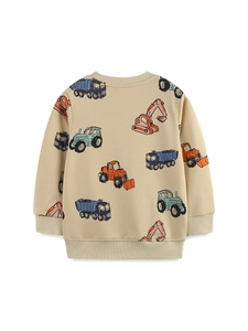 Beige cotton kids sweatshirt with colorful all-over cartoon construction vehicle prints